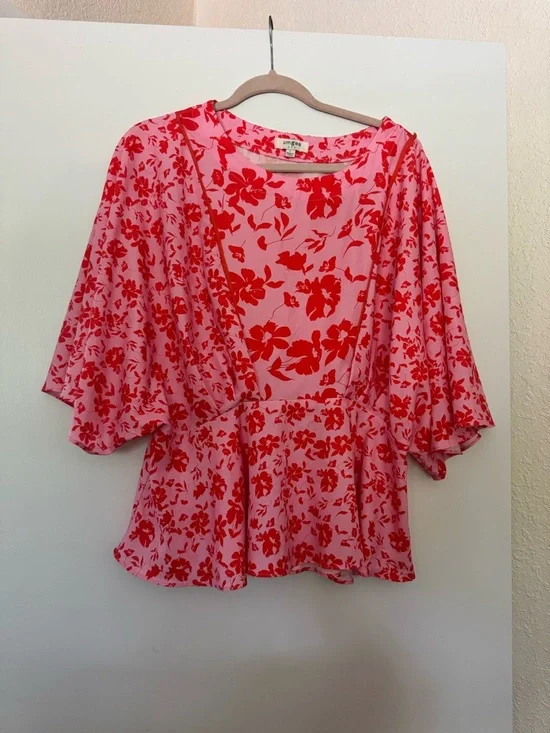 Women’s Floral Peplum Blouse by Umgee Size Large - Pink & Red - Picture 1 of 7